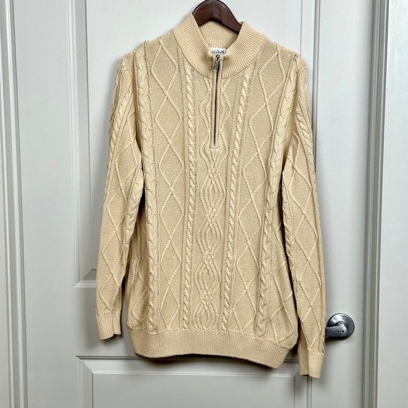 John Blair Mens Cable Knit Quarter Zip Sweater Cream Beige Pullover With Pockets - Picture 1 of 7